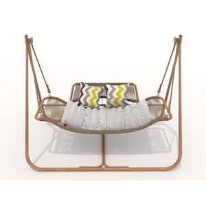 Anti-Rust Wood-Colored Rattan Metal Outdoor Hammock Swing Chair with Cushion, Oversized Double Chair for Patio, Balcony