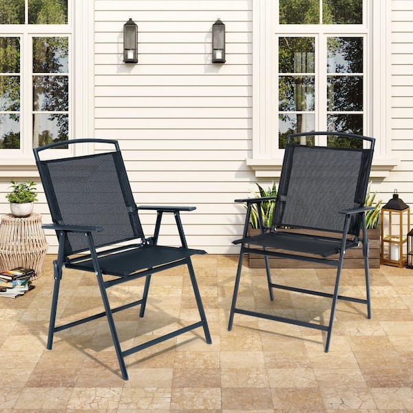 Crestlive Products Folding Metal Outdoor Dining Chair in Black (Set of 2)