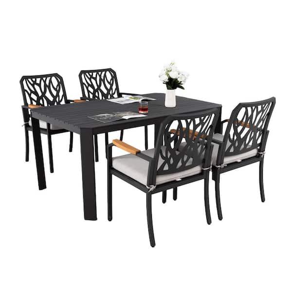 5-Piece Aluminum Patio Set with Cushioned Chairs, Modern Design, Branch-Like Backrest, Rectangular Table, Bourbon Brown