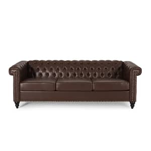 Kabella 83 in. Wide Dark Brown 3-Seat Square Arm Faux Leather Straight Tufted Sofa