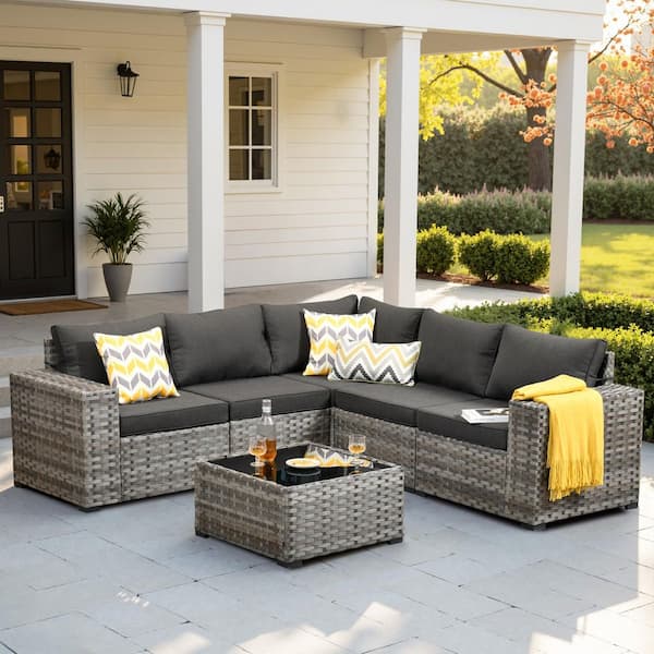 HOOOWOOO Tahoe Gray 6-Piece Wicker Extra-Wide Arm Outdoor Patio Conversation Sofa Set with Black Cushions