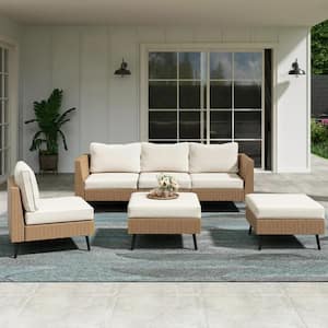 6-Piece Wicker Outdoor Sectional Set with Beige Cushions