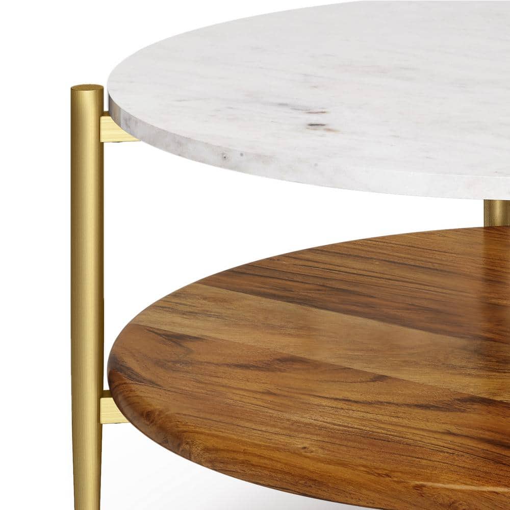 Wagner 30" Round White Marble and Natural Wood Coffee Table