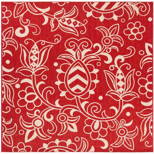 Beach House Red/Beige 7 ft. x 7 ft. Oversized Floral Indoor/Outdoor Square Area Rug