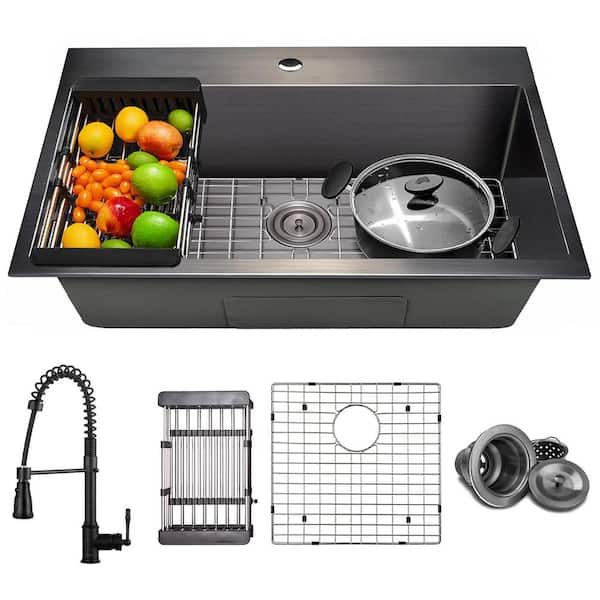 AKDY All-in-One Matte Black Finished Stainless Steel 33 in. x 22 in. Drop-In Single Bowl Kitchen Sink with Spring Neck Faucet