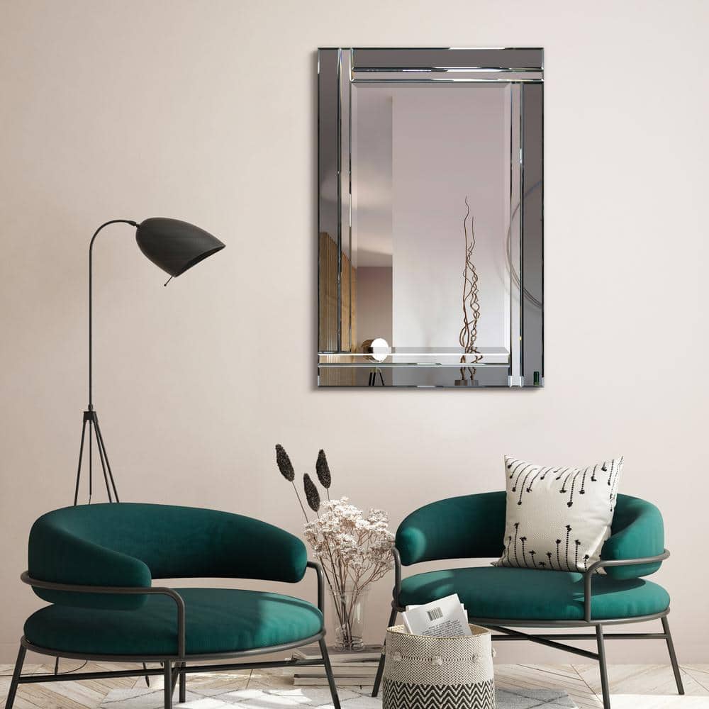 Rectangular Beveled Silver and Gray Wood Framed Wall Mirror