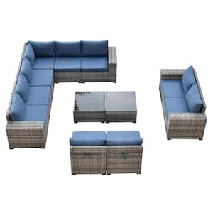 Tahoe Grey 12-Piece Wicker Wide Arm Outdoor Patio Conversation Sofa Seating Set with Denim Blue Cushions