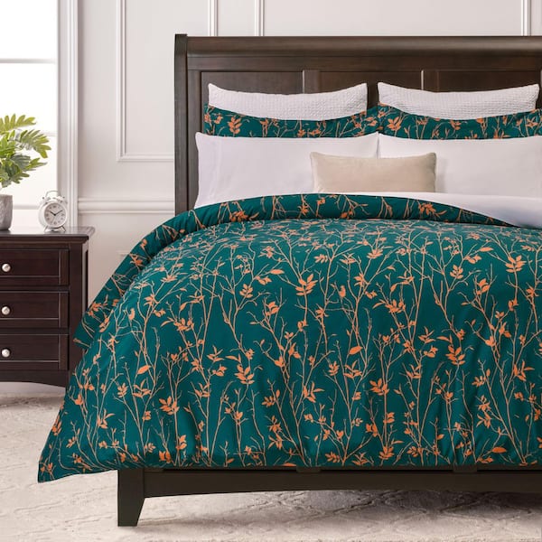 Chanasya 3-Piece Leaf Teal Bramble Print Microfiber Duvet Cover Set, King