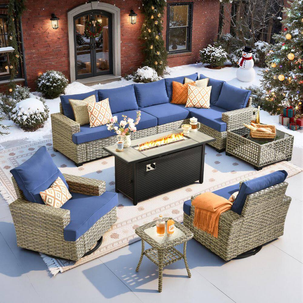 Torino Gray 10-Piece Wicker Outdoor Patio Conversation Sofa Sectional Set with a Metal Fire Pit and Navy Blue Cushions price history on PriceWatchPro