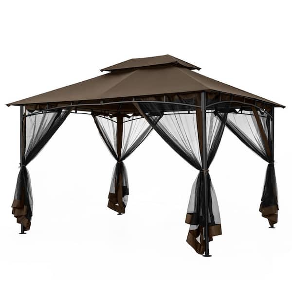 10 ft. x 12 ft. Brown Double Roof Soft Top Metal Patio Gazebo with Netting