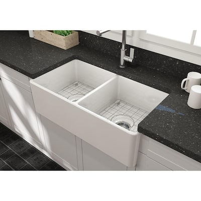 Farmhouse Apron-Front Fireclay 33 in. Double Bowl Kitchen Sink in White with Grid Set