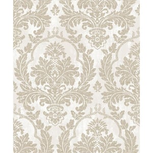 Large Damask Cream/Brown Metallic Finish Vinyl on Non-woven Non-Pasted Wallpaper Roll