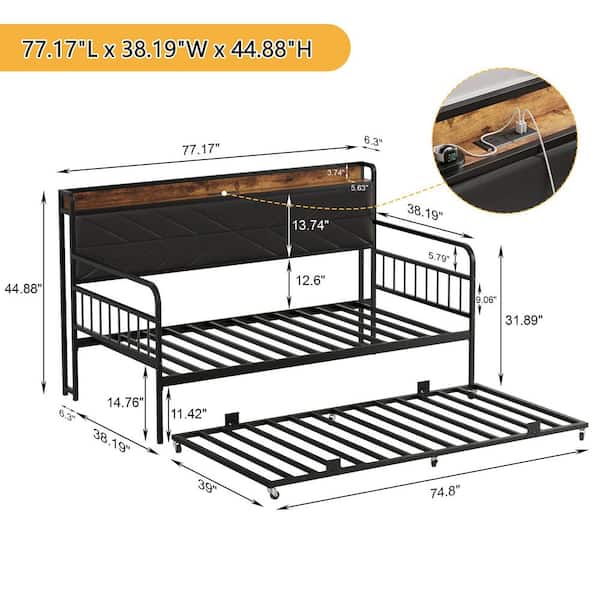 Twin Daybed with Trundle and USB Ports, Black Metal Frame Sofa Daybed with Headboard Shelf, Rustic Design for Guest Room
