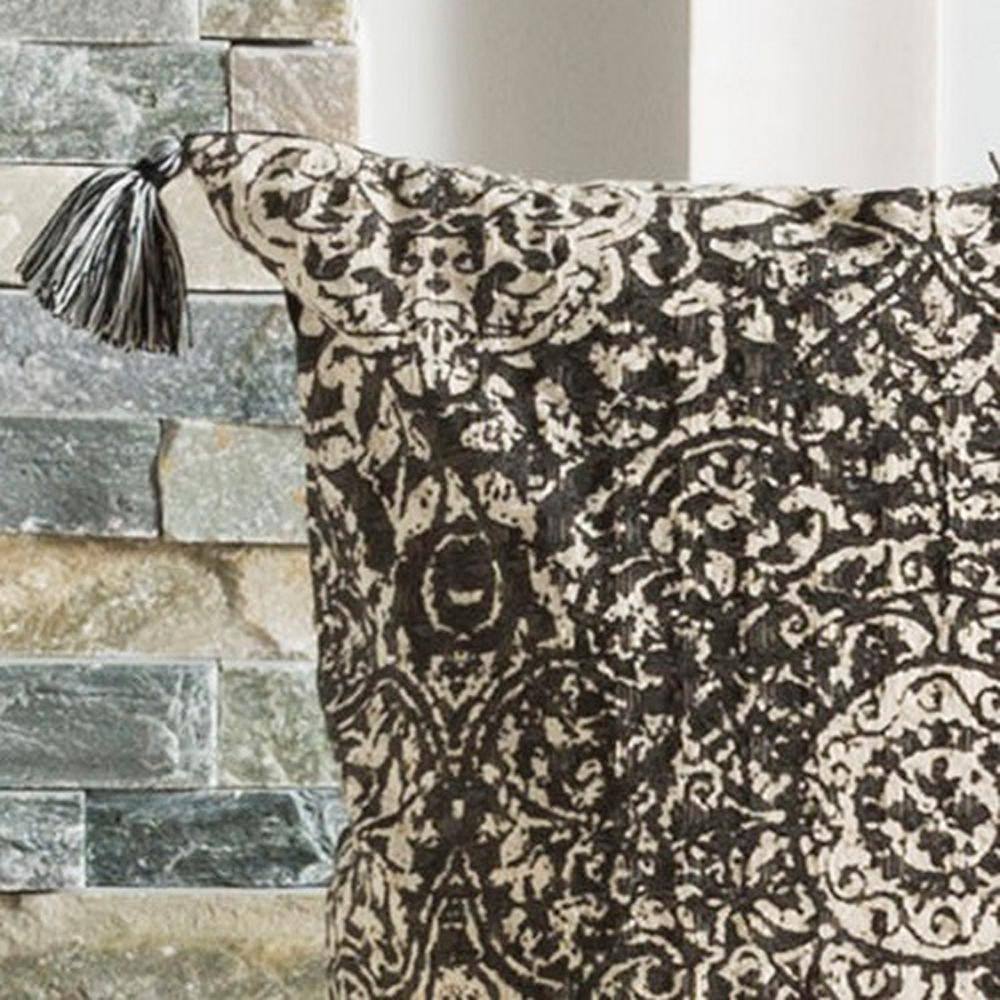 Sidonia 16" Gray and Cream Square Throw Pillow with Tassels