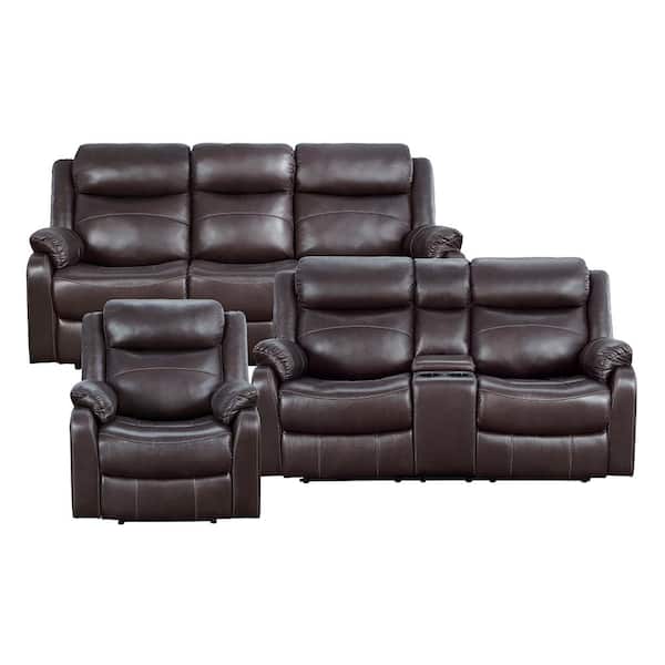Lazzara Goby 81 in. W. Pillow Top Arm Microfiber Rectangle 3-Piece Manual Reclining Sofa Set in Dark Brown