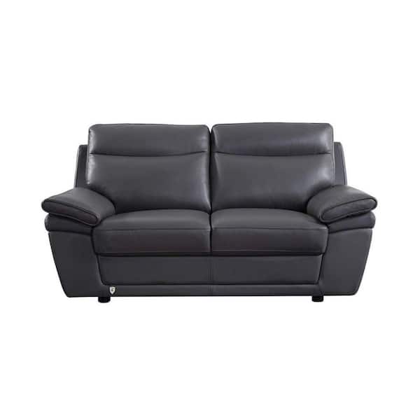 Benjara 39 in. Gray Solid Leather 2-Seater Loveseat with Channel Tufted Backrest