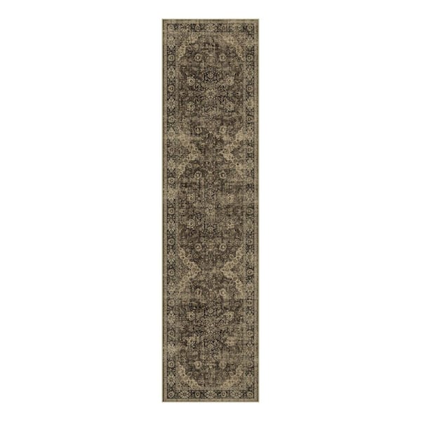 Goodberg 2 ft. X 8 ft. Brown Vintage Medallion Distressed Runner Rug