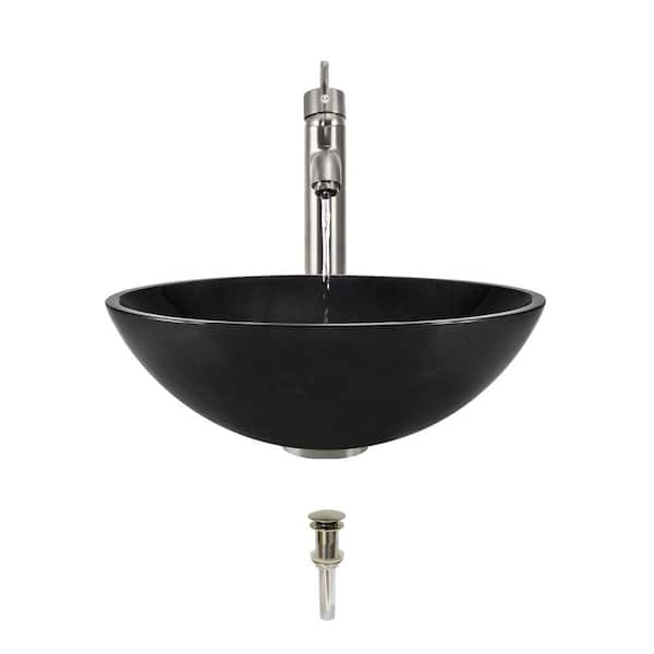 MR Direct Stone Vessel Sink in Honed Basalt Black Granite with 718 Faucet and Pop-Up Drain in Brushed Nickel