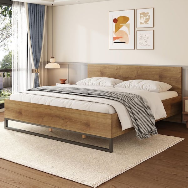 Eden Brown Natural Finish Wood Frame King Size Platform Bed with Headboard, Black Metal Leg, Wooden Slat Support