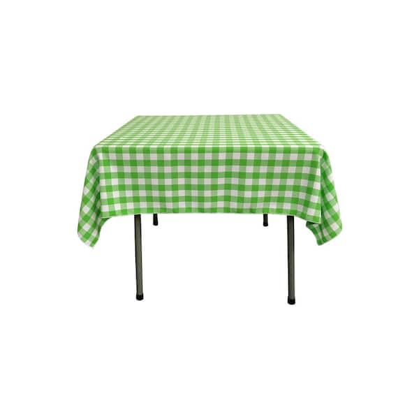LA Linen 58 in. x 58 in. White and Lime Polyester Gingham Checkered Square Tablecloth