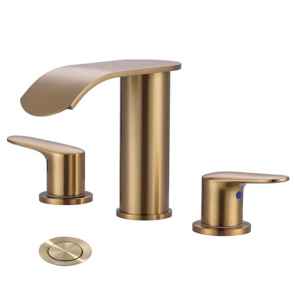 WOWOW 8 in. Widespread Double Handle Waterfall Bathroom Faucet with Pop-up Drain and Supply Hoses in Gold