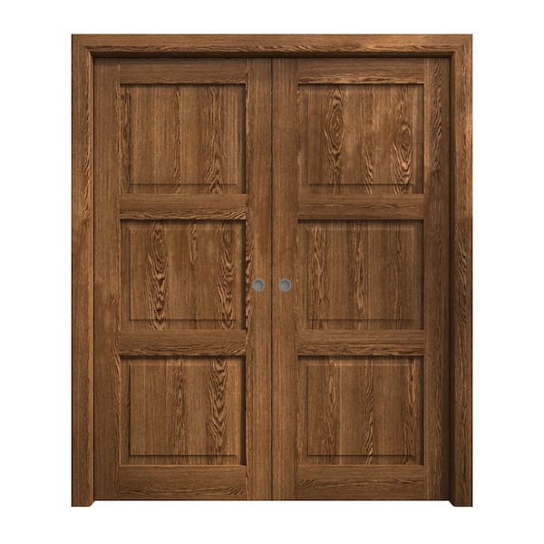 Sartodoors 84 in. x 96 in. Cognac Oak Color Solid Wood Double Pocket Sliding Doors With Hardware