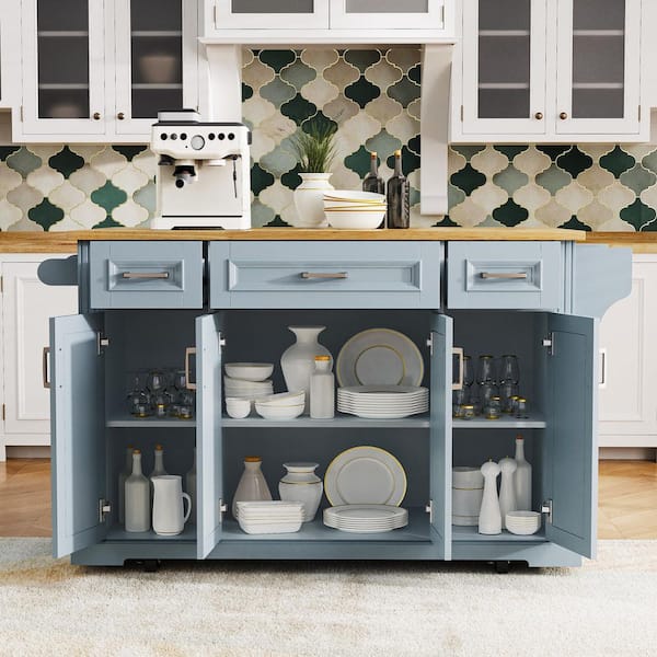 Blue Grey Wood 54 in. MDF Kitchen Island with Drop Leaf and Spice Rack