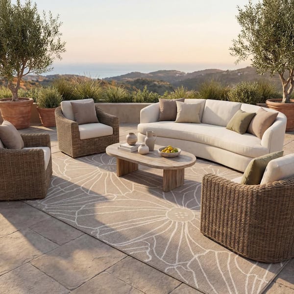 Marissea Floral Grey 8 ft. x 10 ft. Outdoor Area Rug