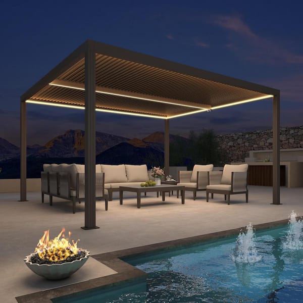 PURPLE LEAF 11 ft. x 14 ft. Bronze Aluminum Frame Patio Louvered Pergola Gazebo with Adjustable Sunshade Roof and LED Strip Lights