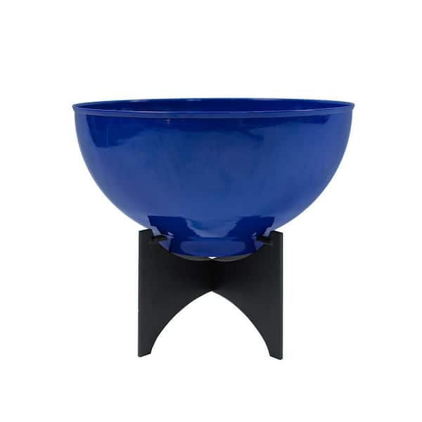 16in.W x 13.75in.H, Round French Blue Galvanized Steel Planter Bowl w/Black Wrought Iron Plant Stand, Indoor Outdoor Use