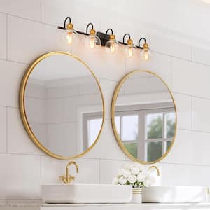 35.5 in. 5-Light Aged Brass Vanity Light with Black Linear Frame and Modern Clear Glass Globes