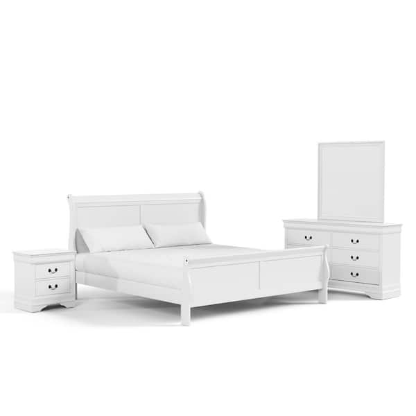 Burkhart 4-Piece White Wood Queen Bedroom Set with Nightstand and Dresser/Mirror
