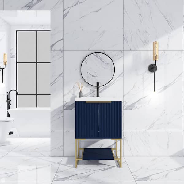 Unbranded 24 in. W x 18 in. D x 35 in. H Freestanding Single Sink Bath Vanity in Navy Blue with White Resin Top