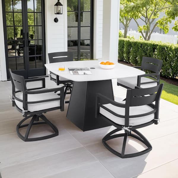 Black 5-Piece Aluminum Outdoor Dining Set with Sunbrella Cushion White, 4 Swivel Rockers and Greek Table Marble