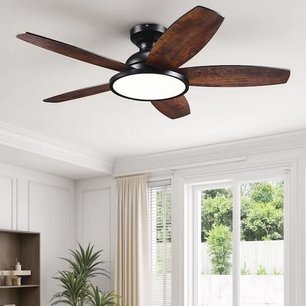 42 in. Integrated LED Black Walnut Low Profile Flush Mount Modern Standard Ceiling Fan with White Light and Remote