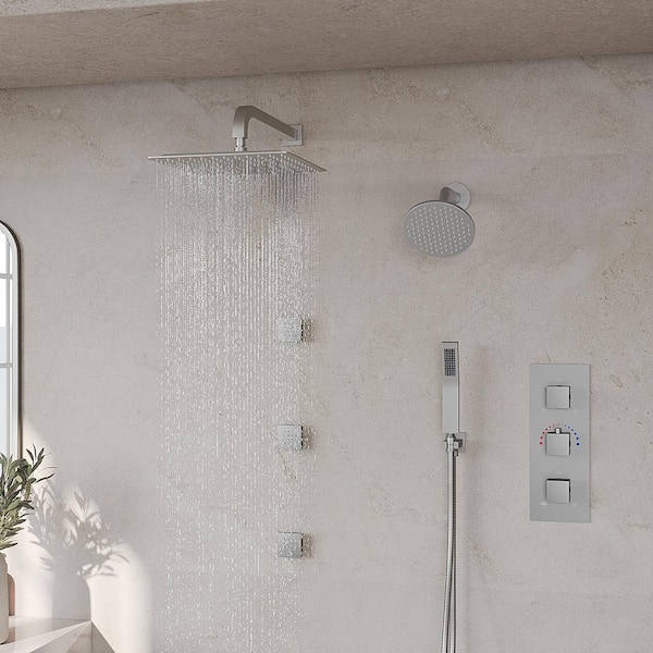 Zenith Rain 8-Spray 12 and 6 in. Dual Wall Mount Shower Head and Handheld 2.5 GPM in Brushed Nickel Valve Include