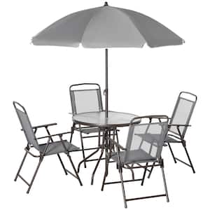 Gray 6-Piece Steel Round Outdoor Dining Set with Umbrella and Four Folding Dining Chairs