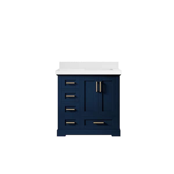 Willow Collections Boston 36 in. W x 22 in. D x 36 in. H Right Offset Sink Bath Vanity in Navy Blue with 2" White Quartz Top