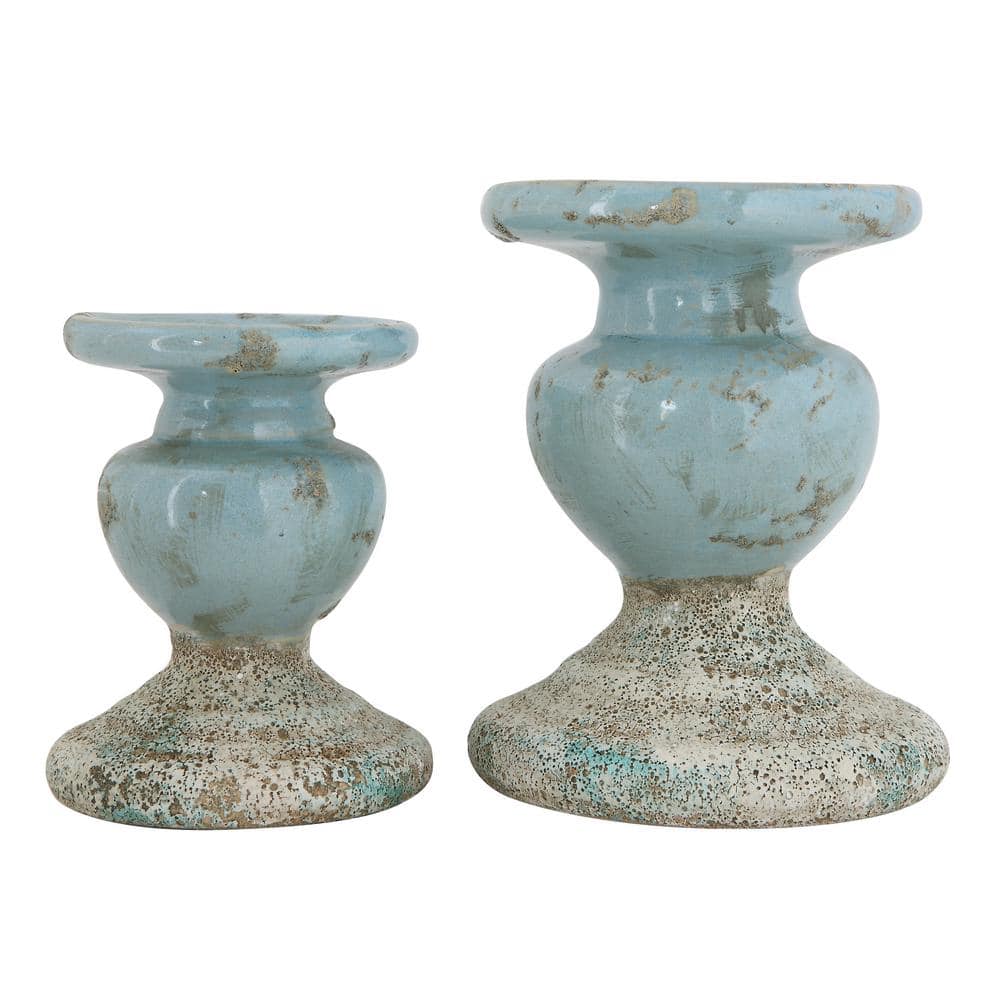 Small Distressed Blue Ceramic Pillar Candle Holder