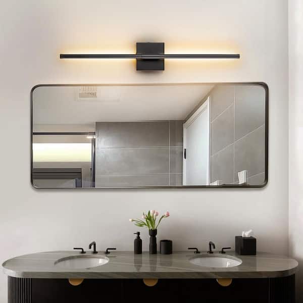 Byers 27.5 in. 1-Light Black Linear Wall Sconce 3000K Warm Light LED Bathroom Vanity Light with Rectangular Backplate