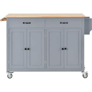 Oasis Grey Blue Wood 54.33 in. Kitchen Island with Solid Wood Top and Locking Wheels, 4-Door Cabinet and 2-Drawers