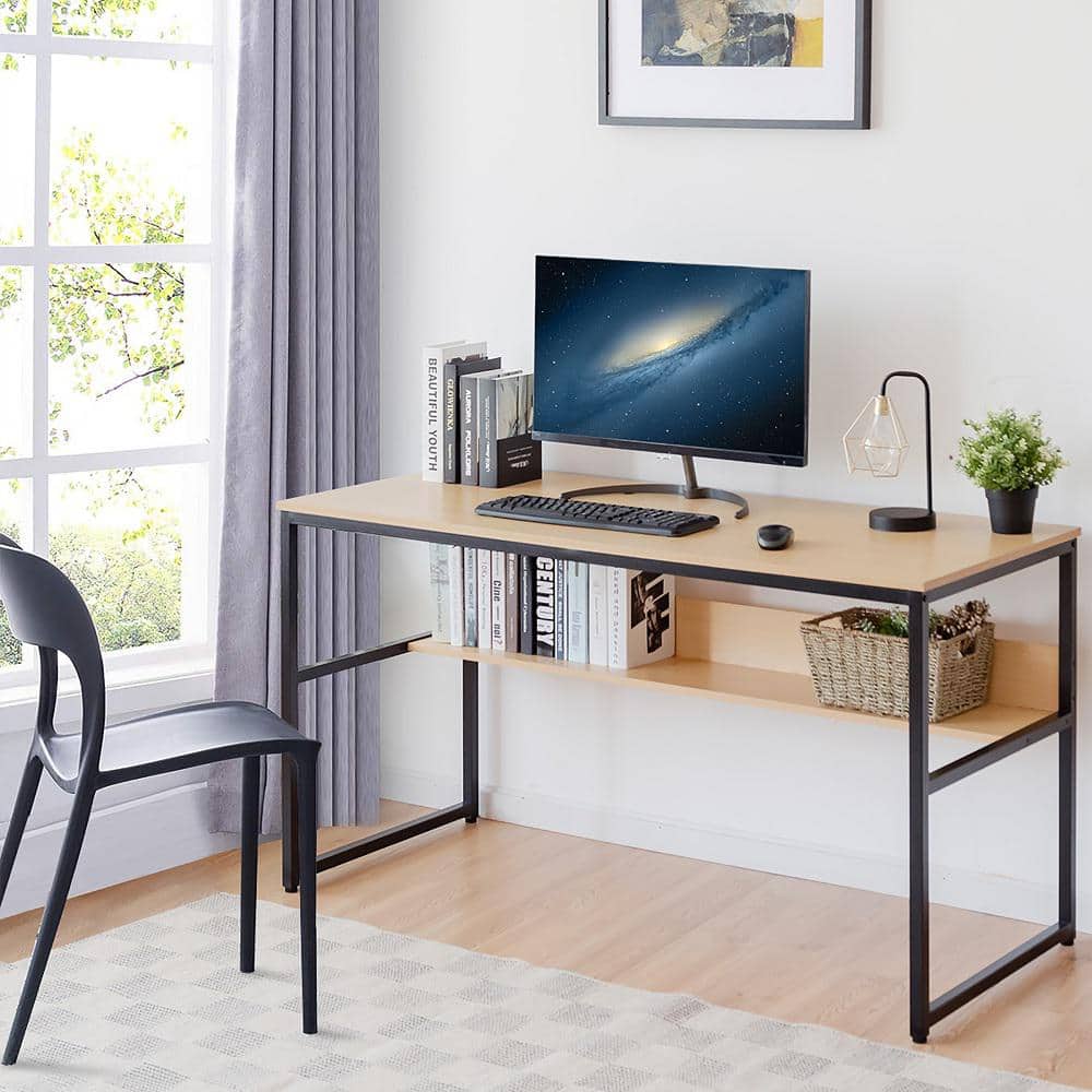 Natural Wood 55'' Computer Desk with Storage Shelf
