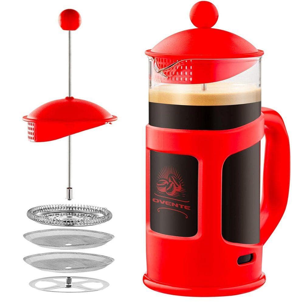 OVENTE 8-Cup Red French Press Cafetire Heat-Resistant Borosilicate