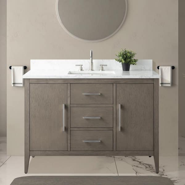 48 in. W x 22 in. D x 34 in. H Single Sink Bathroom Vanity Cabinet in Driftwood Gray with Engineered Marble Top