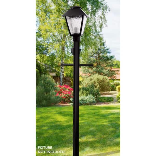 7 ft. Black Outdoor Lamp Post, Traditional In Ground Light Pole with Cross Arm and Grounded Convenience Outlet