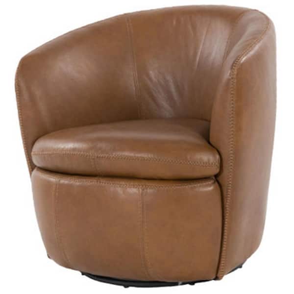Benjara Niko Brown Leather Side Chair with Round Barrel Design