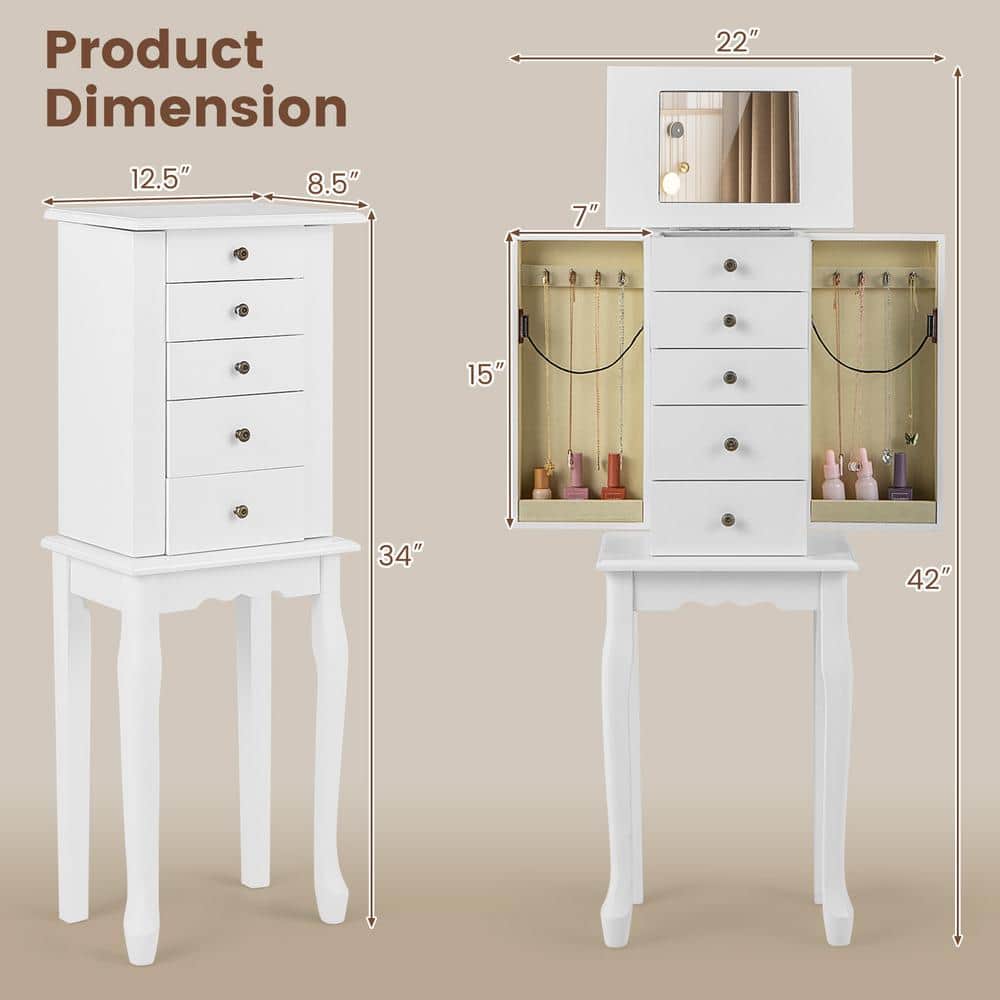 White Wall Mounted Jewelry Armoire with Mirror and Drawers