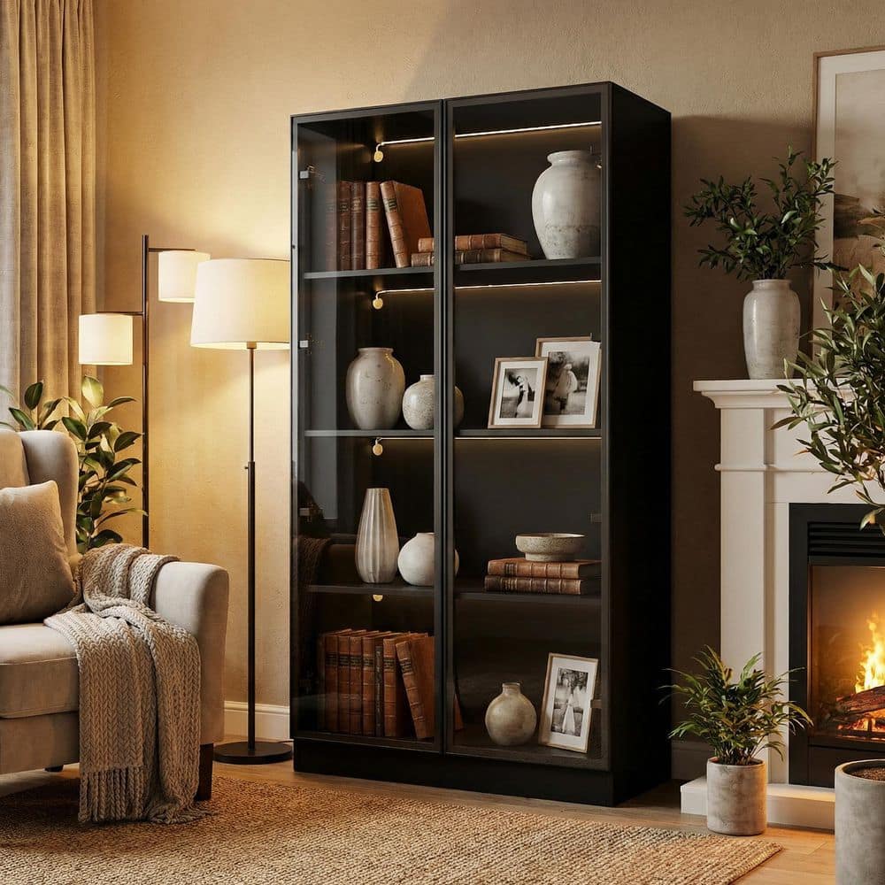 FUFU&GAGA Black Wood Storage Cabinet Display Cabinet With Tempered Glass Doors, 3-Color LED Lights and Aluminum Framed
