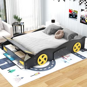 Black Wood Frame Full Size Race Car-Shaped Platform Bed with Yellow Wheels and Storage