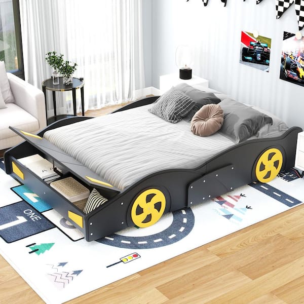 Harper & Bright Designs Black Wood Frame Full Size Race Car-Shaped Platform Bed with Yellow Wheels and Storage